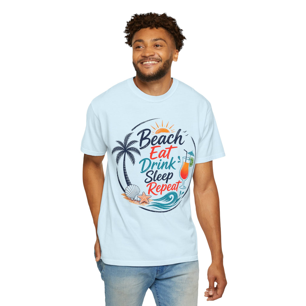 Beach, Eat, Drink, Sleep, Repeat T-Shirt — Tropical Shell Graphic Tee