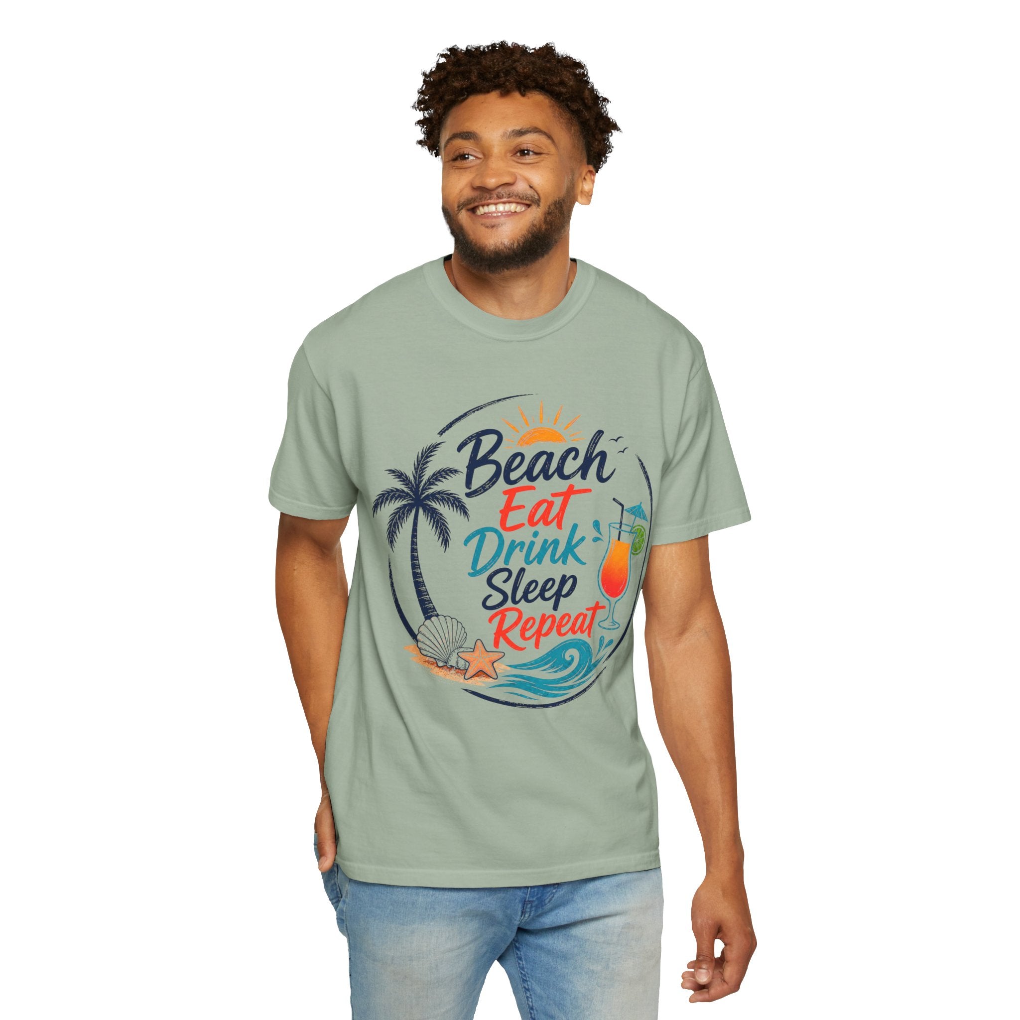 Beach, Eat, Drink, Sleep, Repeat T-Shirt — Tropical Shell Graphic Tee