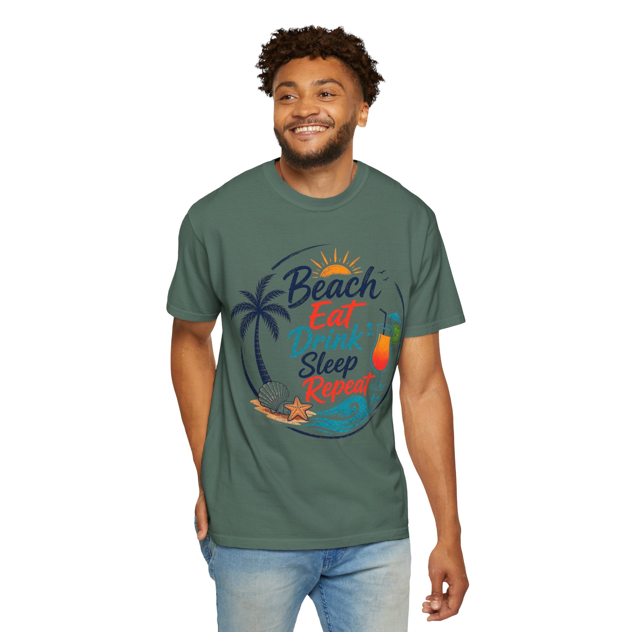 Beach, Eat, Drink, Sleep, Repeat T-Shirt — Tropical Shell Graphic Tee