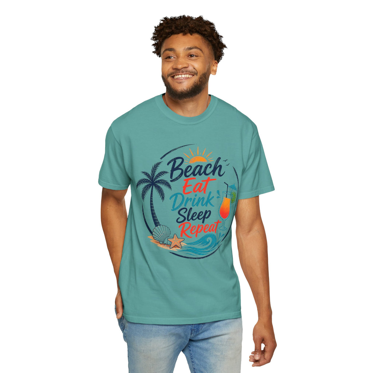 Beach, Eat, Drink, Sleep, Repeat T-Shirt — Tropical Shell Graphic Tee