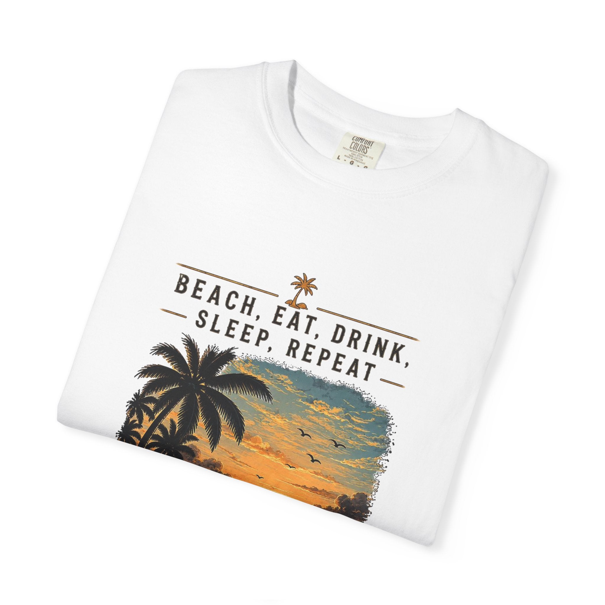 Beach Sunset T-Shirt — "Beach. Eat. Drink. Sleep. Repeat." Vintage Palm Tee