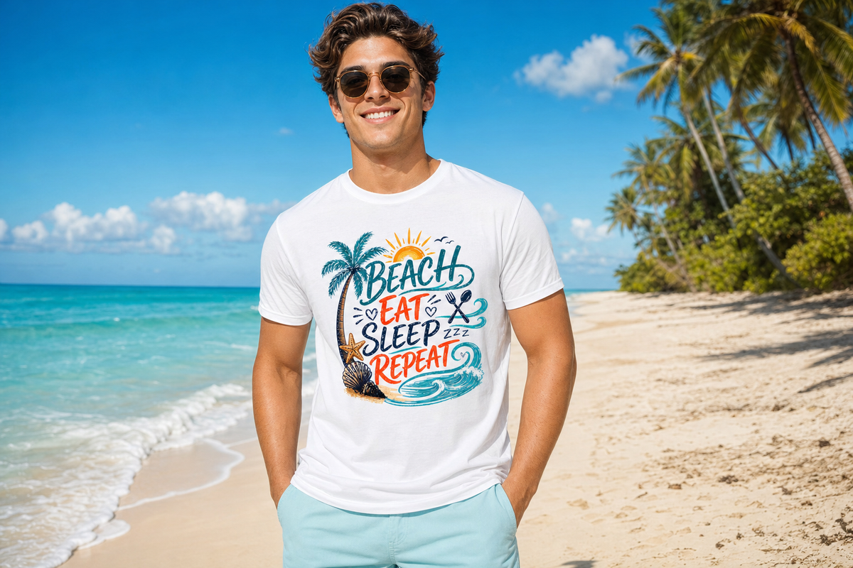 Beach, Drink, Sleep, Repeat T-Shirt — Retro Crest Tee