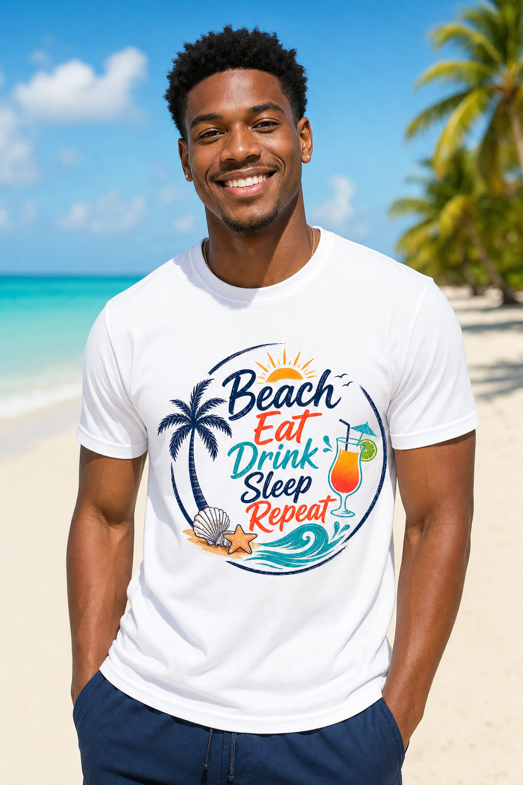 Beach, Eat, Drink, Sleep, Repeat T-Shirt — Tropical Shell Graphic Tee