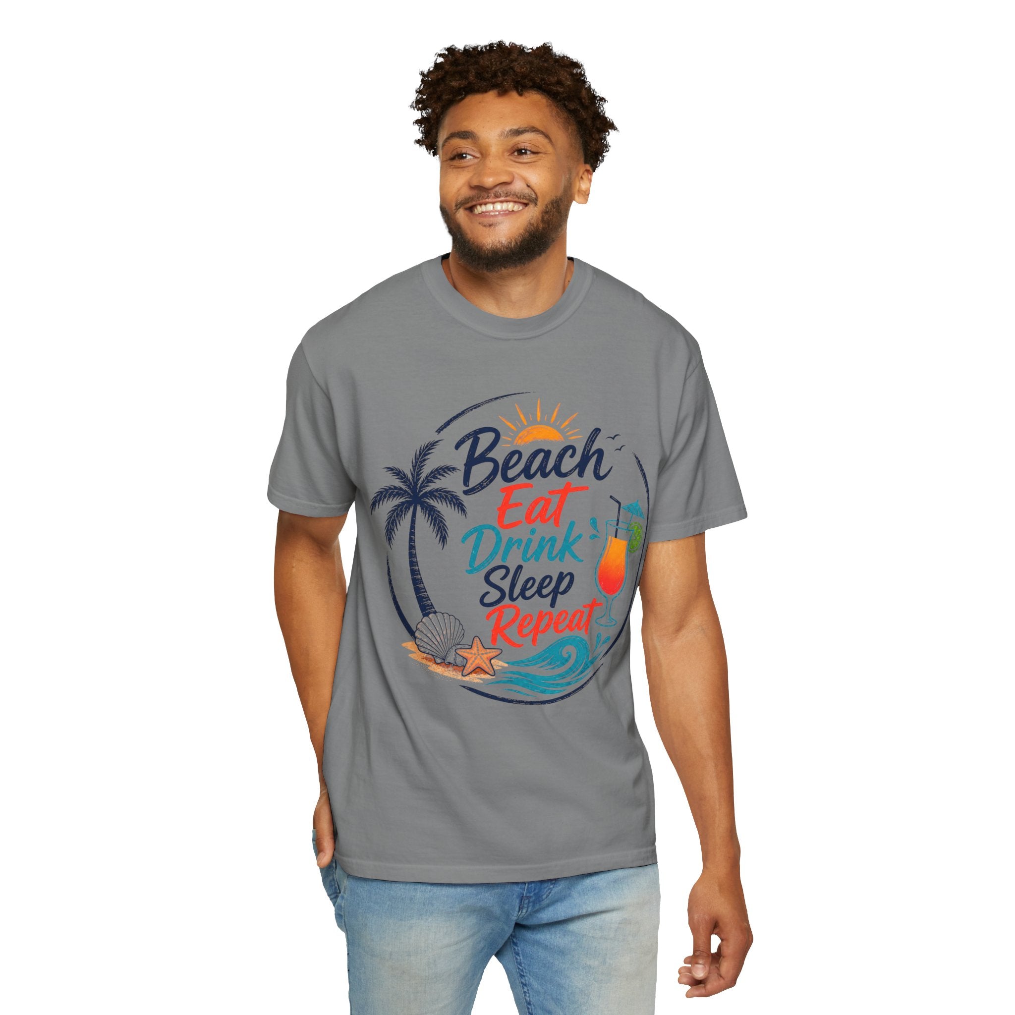 Beach, Eat, Drink, Sleep, Repeat T-Shirt — Tropical Shell Graphic Tee