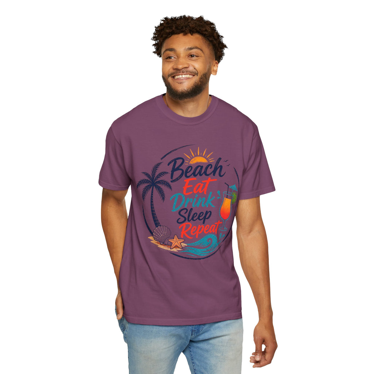 Beach, Eat, Drink, Sleep, Repeat T-Shirt — Tropical Shell Graphic Tee